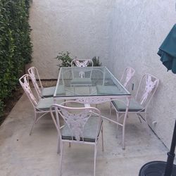 Metallic Vintage Glass Top Table W 6 Chairs  Rectangle 