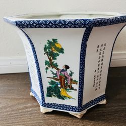 Chinese Sometsuke Style Hexagonal Porcelain Bonsa Pot