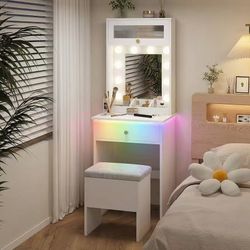 #B Small Vanity with Mirror & RGB Light White Makeup Set for Bedroom $ 99