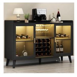 Wine Bar Cabinet with LED Light, Home Coffee Cabinet with Wine Rack and Glass Holder, Kitchen Buffet Sideboard W Storage Shelf, Freestanding Liquor Ca