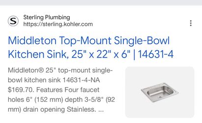 sterling a kohler 25x22x6  stainless steel single basin kitchen sink