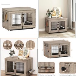 Wooden Dog Crate Furniture with 360°Rotatable Removable Dog Bowls, Dog Crate End Table with Tray, Double Doors Dog Kennels for Dogs(M:31.8" L*22.1" W*