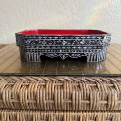 VTG Made In Italy, Black, Lacquered, Mother, Pearl, Inlay, Pedestal Tray, Dish, Decorative Jewelry