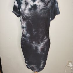 Antistar Black White Tie Dye Bodycon Stretch T-Shirt Dress Ruched Sides Medium