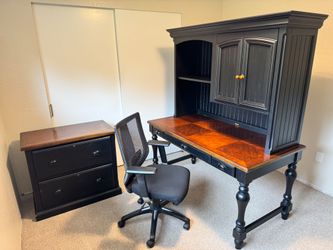 Desk, file cabinet and office chair