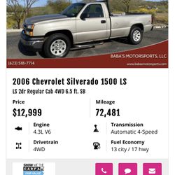 2006 Chevrolet Silverado 1500 LS LS 2dr Regular Cab 4WD 6.5 ft. SB Price $12,999 Mileage 72,481