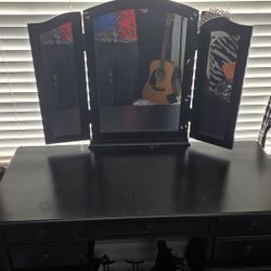 Dark Wooden Vanity With Folding Mirror