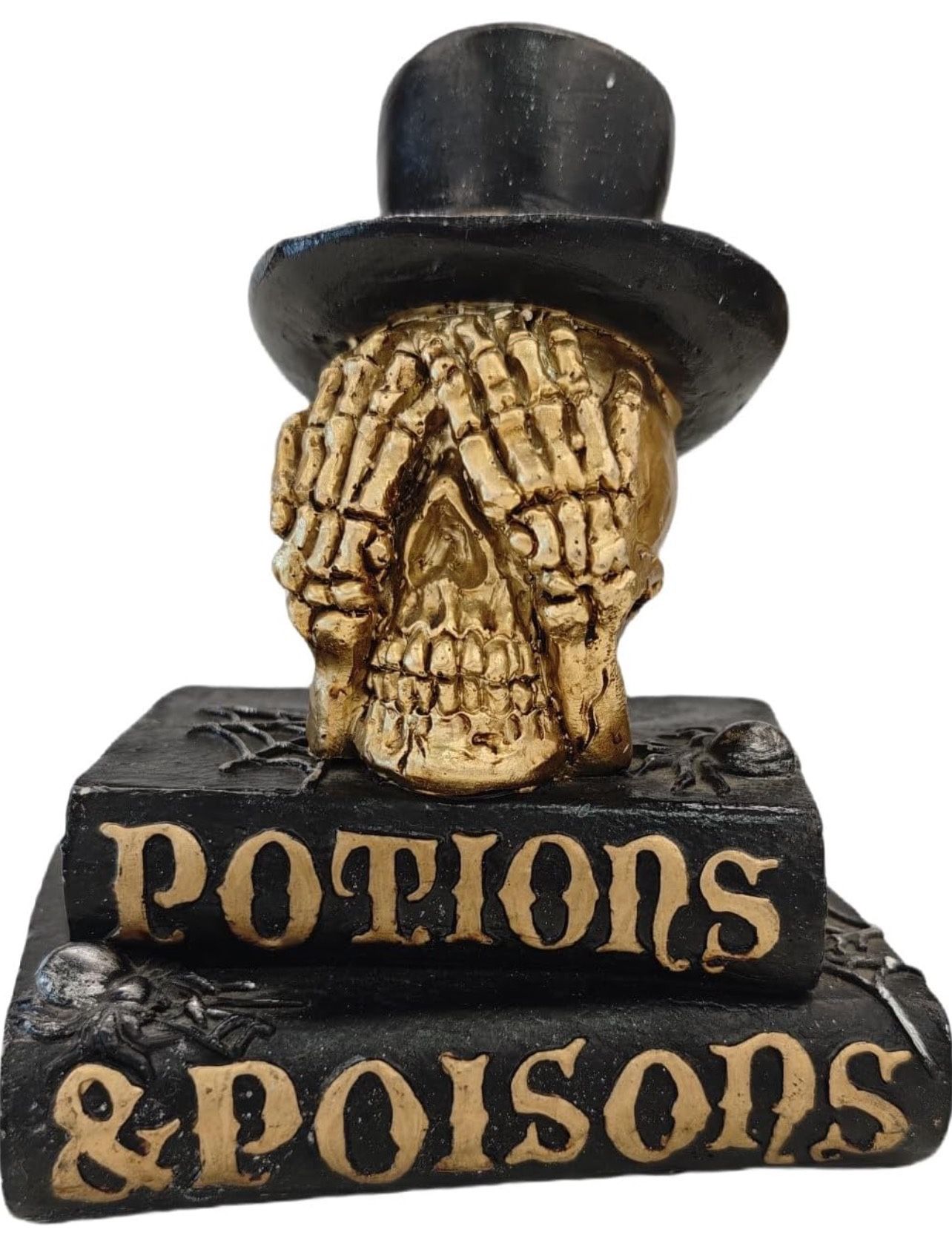 Gothic Halloween Skull Decoration with top hat, Display of Potion Books, Black and Gold Tones, Suitable for Holiday Decoration and Living Room Decorat