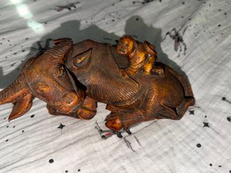 Vintage Chinese Carved Wood Sculpture Of man Riding Water Buffalo Ox