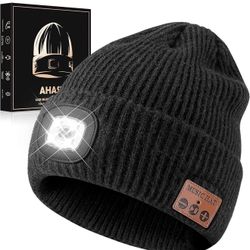 Bluetooth Beanie Hat with Light for Men, Rechargeable 4 Led Headlamp Cap Wireless Headphones, Gifts for Men Dad Teen