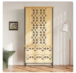 Homsee Tall Natural Wood Cabinet with Carved Mesh Doors and Raised Metal Legs Freestanding Storage Unit with 2 Drawers and Open Shelves （KF390121US-01
