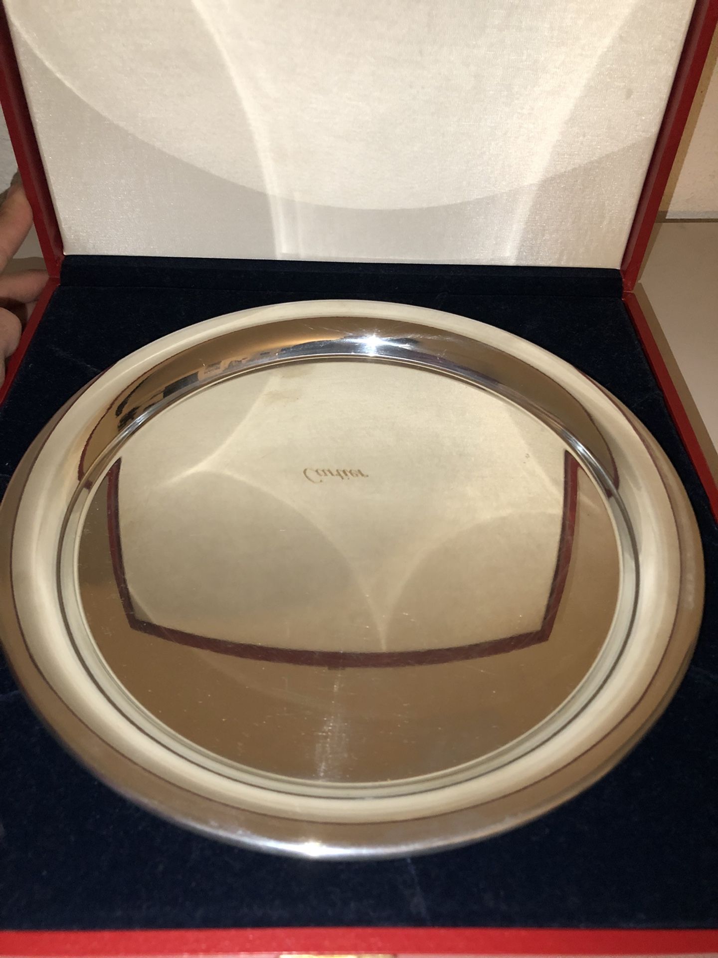 11” Pewter Platter Cartier Plate In Suede Box With Bag 1970s Or Older