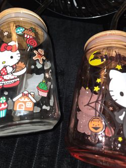 Glass drink jars w/ glass straw.  Hello kitty