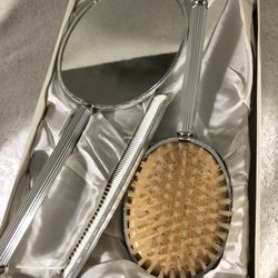 Vintage Silver Tone Mirror, Comb & Brush With Wooden Base For Bristles Vanity Grooming Set