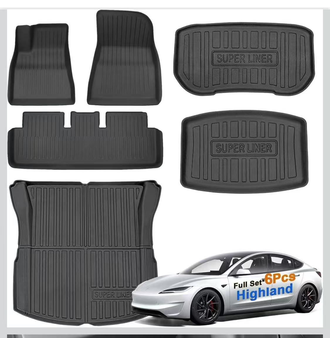 😀 SUPER LINER Tesla Model 3 Floor Mats 2025 2026 2024 | Custom Fit All-Weather 6-Piece Set TPE Material| Tesla Model 3 Highland Floor Mats&Cargo