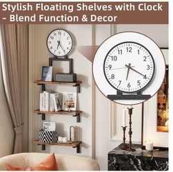 Brand New Set of 3 Rustic Floating Wall Shelves Clock - Unopened