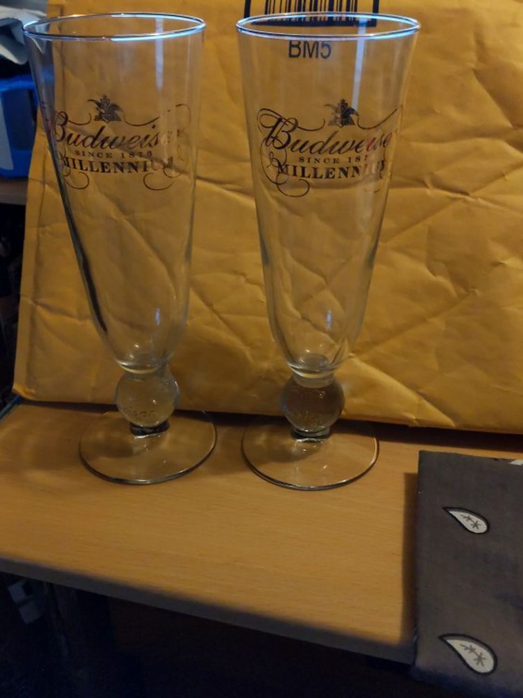 2-8" Budweiser Millennium Flat Bottom Pilsner Glasses Gold Logo A&B Eagle