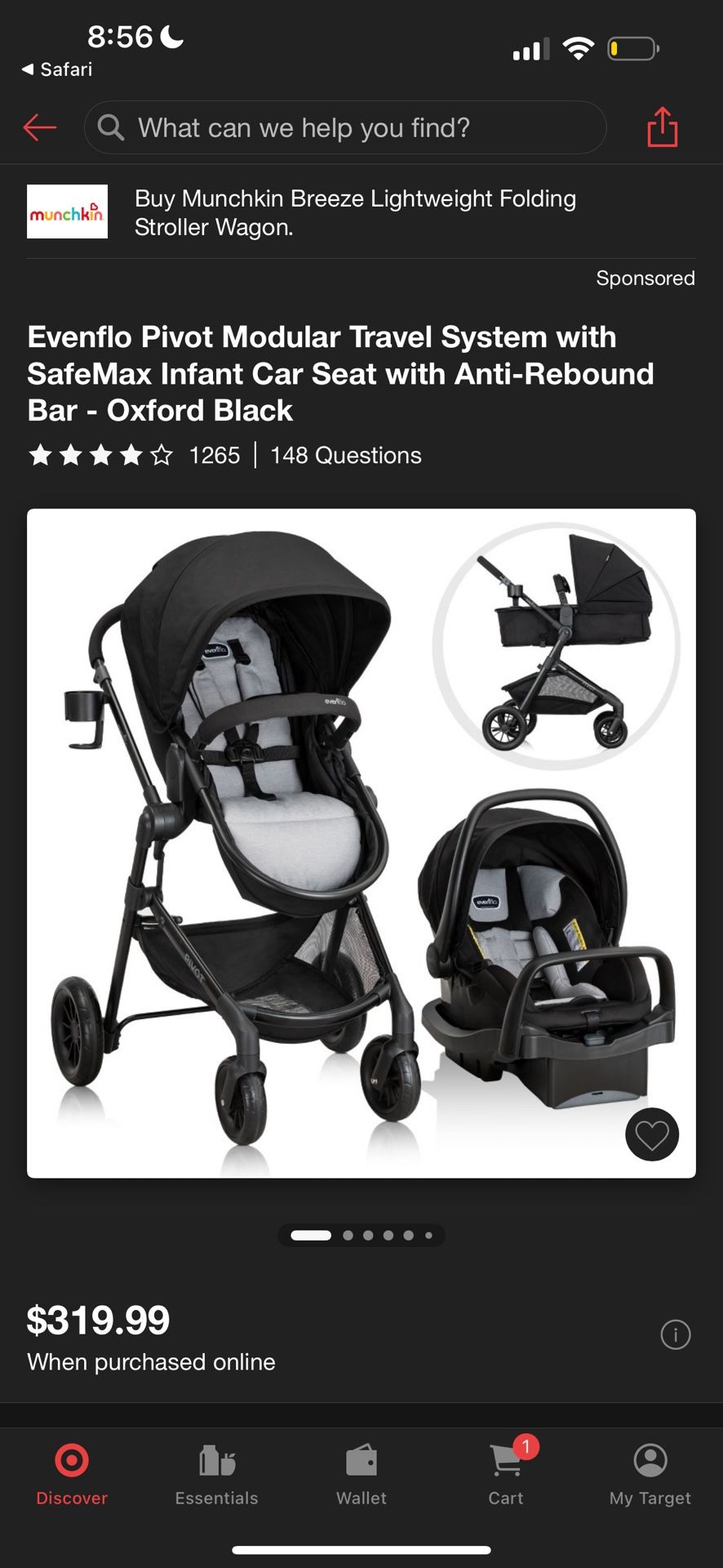 Evenflo Pivot Modular Travel System with SafeMax Infant Car Seat with Anti-Rebound bar