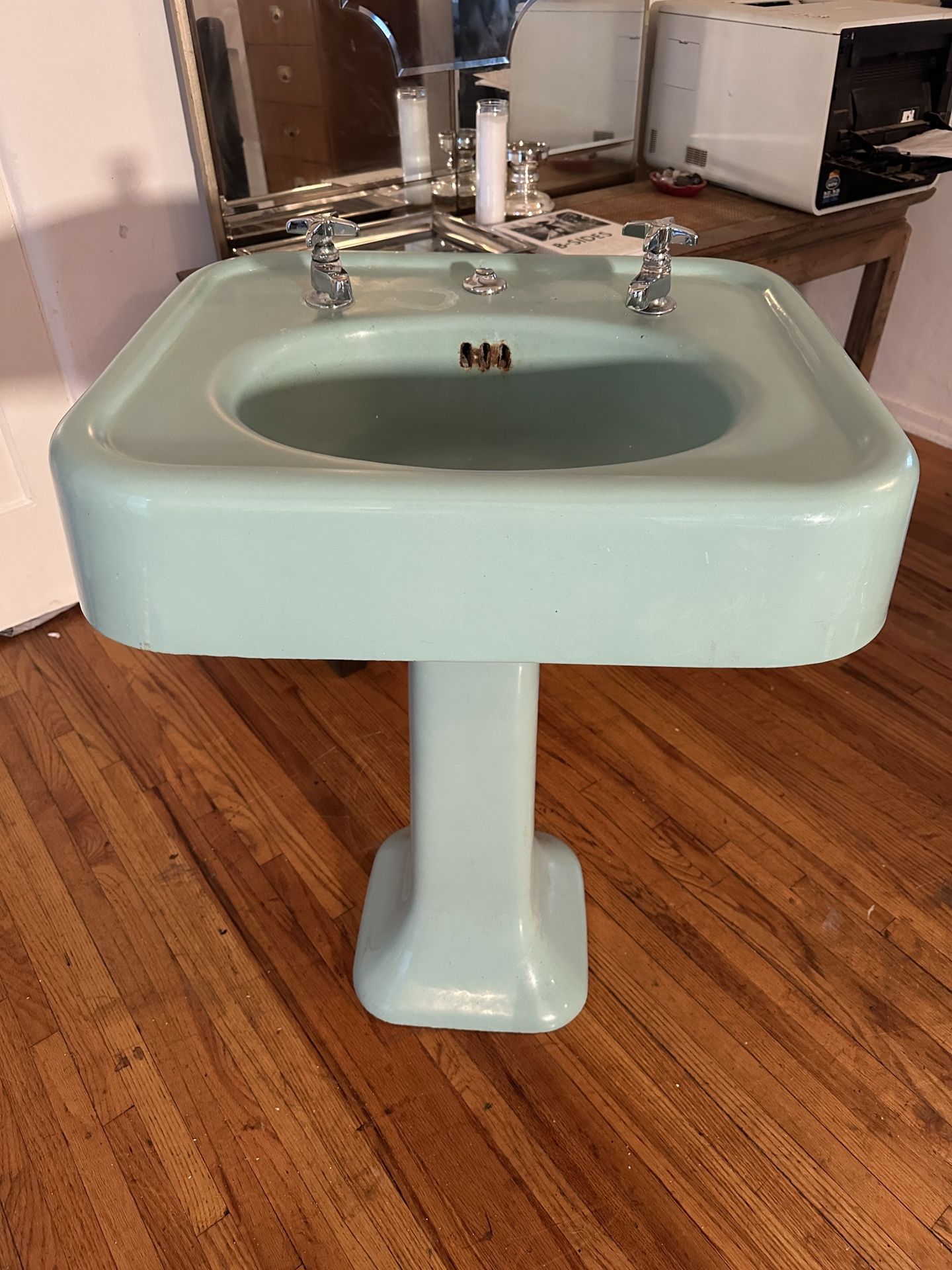 Antique 24" Cast Iron Jadeite Green Porcelain Pedestal Sink Vintage Washington