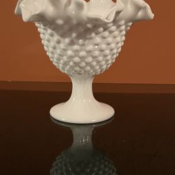Rare Find! Vintage Fenton Hobnail Milk Glass Candle Bowl #3771 with Ruffled Rim