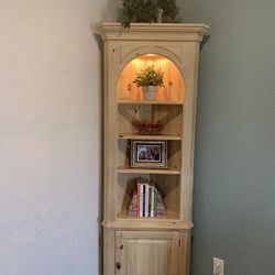 Wood Corner Bookshelf with Light, Glass Shelves, and a Door