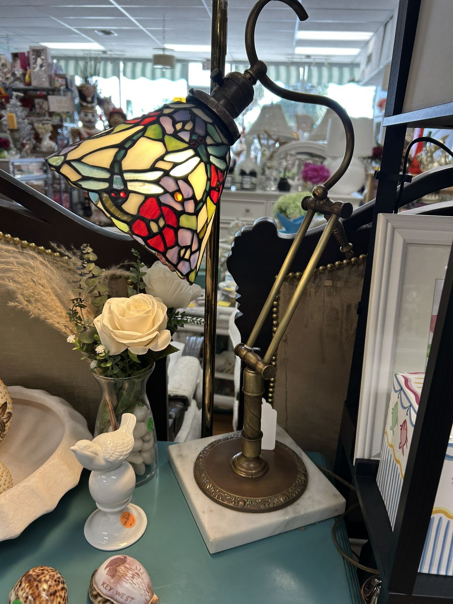 Vintage Dragonfly stained glass Tiffany style desk lamp with marble base