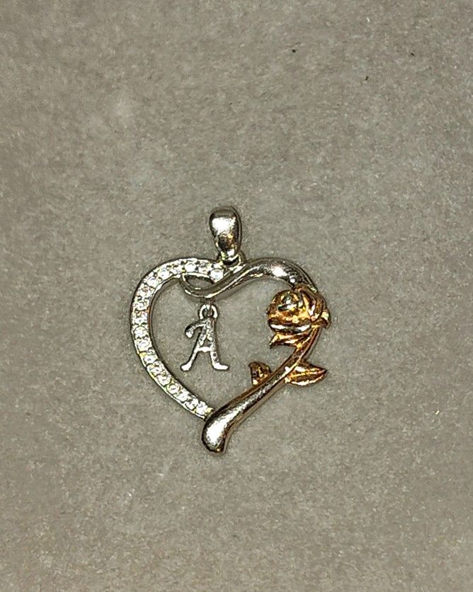 VINTAGE STERLING SILVER HEART PENDANT WITH 14K GOLD ROSE INITIAL LETTER "A" STAMPED S.925 WITH CUBIC ZIRCONIA ACCENTS