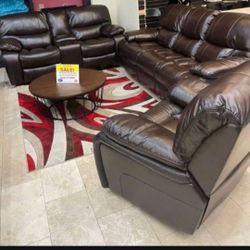 *Weekly Feature!!!*---Sophisticated Madrid Brown Leather Reclining 3 Piece Sets---Delivery And Financing Available🤠