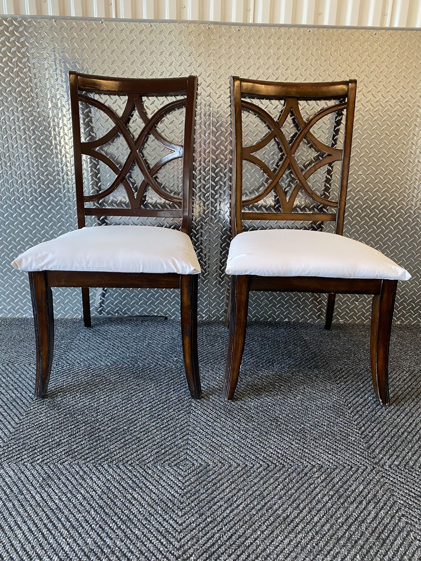 Two Large White Chairs Brown Wooden Dining Room