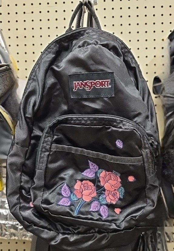 JANSPORT Satin Shimmer Black Embroidered Roses Mini Backpack