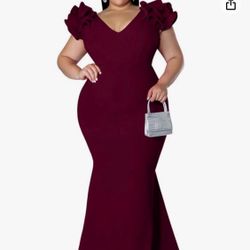 Women's Plus Size Long Dress Elegant V Neck Ruffle Sleeve Bodycon Mermaid Dress