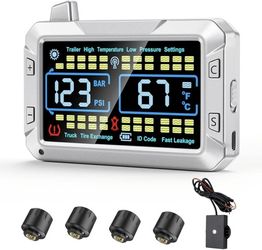 Truck tire Pressure Monitoring System (0-188 PSI) Features a Signal Booster, a 4.3-inch Color Screen, six Alarm Modes, and can Monitor up to 43 Tires 