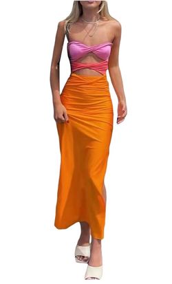 Bodycon Midi Dress, Fashion Strapless Twist Front Contrast Color Tube Dress size S