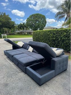 Dark Navy Blue Large U Sectional Sofa W/ Chaise Storage & Pullout Ottoman(Delivery Available)