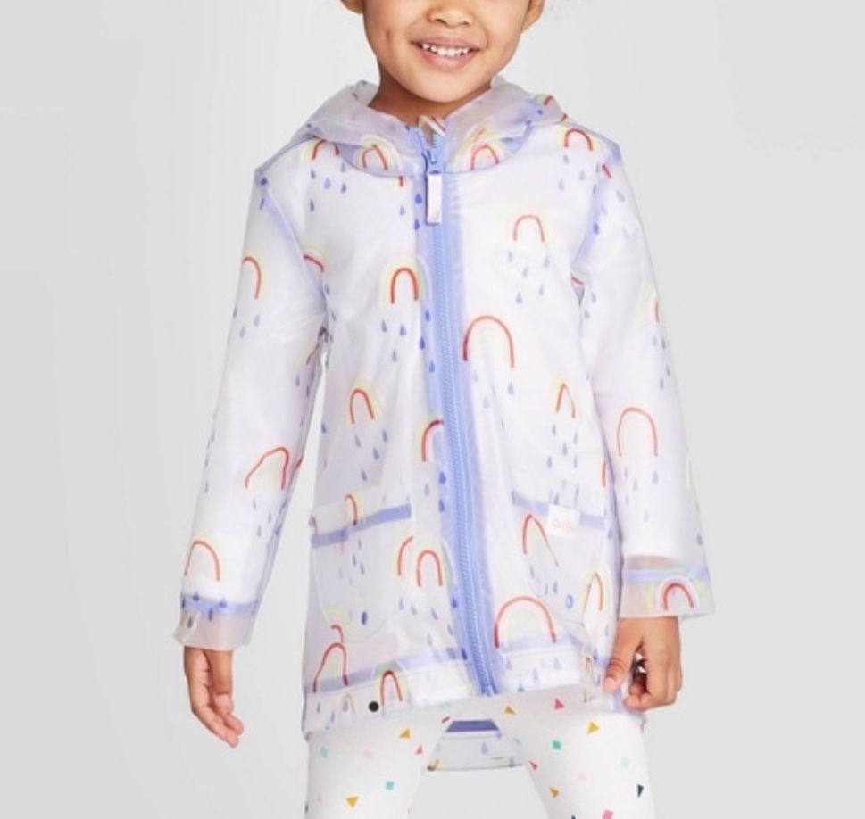 Cat & Jack Toddler Girls Rainbow Raincoat Size 2T Hooded Fun Print