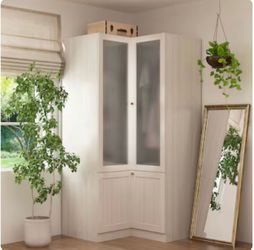 Light Gray Corner Armoire with Glass Doors