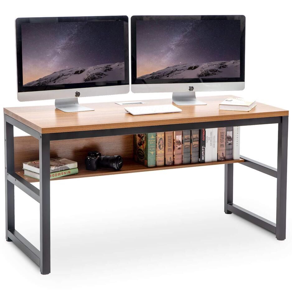 TOPSKY 55" Computer Desk with Bookshelf/Metal Desk Grommet Hole