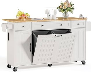 ONBRILL 69" Kitchen Islands with Dual Trash Cabinets, Rolling Island Cart with Large Storage, Dining Table with Solid Wood Drop Leaf, Bar Table with P