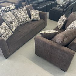 BROWN SOFA & LOVESEAT 