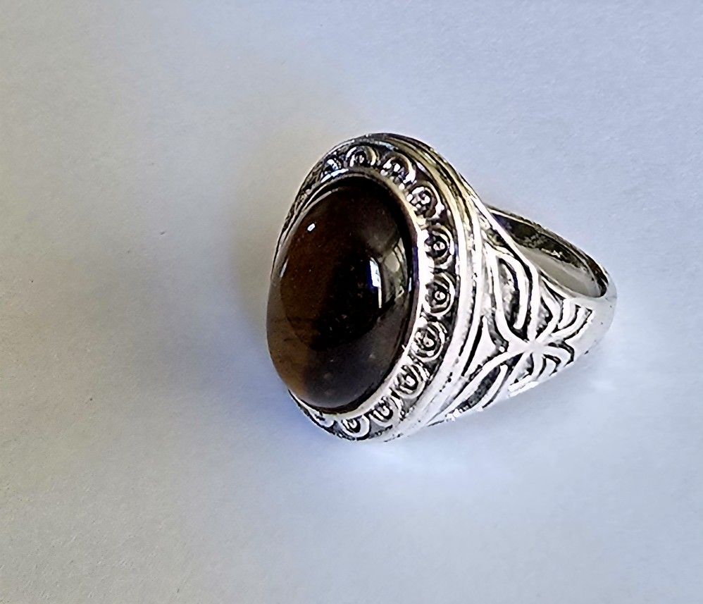 MENS NEW QUALITY TITANIUM EMBOSSED SILVER NEW POLISHED TIGEREYE SIZE 11 RING