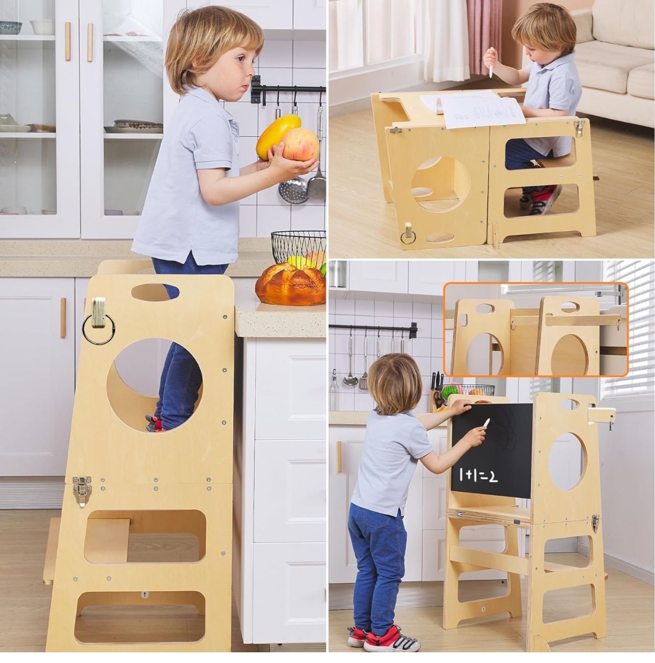 4-in-1 Foldable Kitchen Stool Helper with Safety Crossbar, Standing Toddlers Tower with Chalkboard for Learning, Montessori Folding Desk Table and Cha