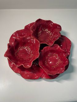 Red Ceramic Poppy Flower Bowl Set