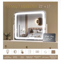 FENNIO Vanity Mirror with Lights 22''x17'' Makeup Mirror with Lights,Vanity Mirror Touch Screen with 3-Color Lighting,Dimmable,for Vanity Desk Tableto