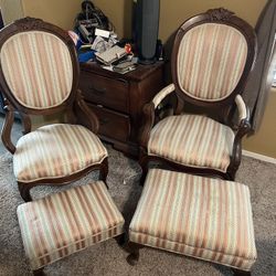 Two Antique Chairs With Foot Stools