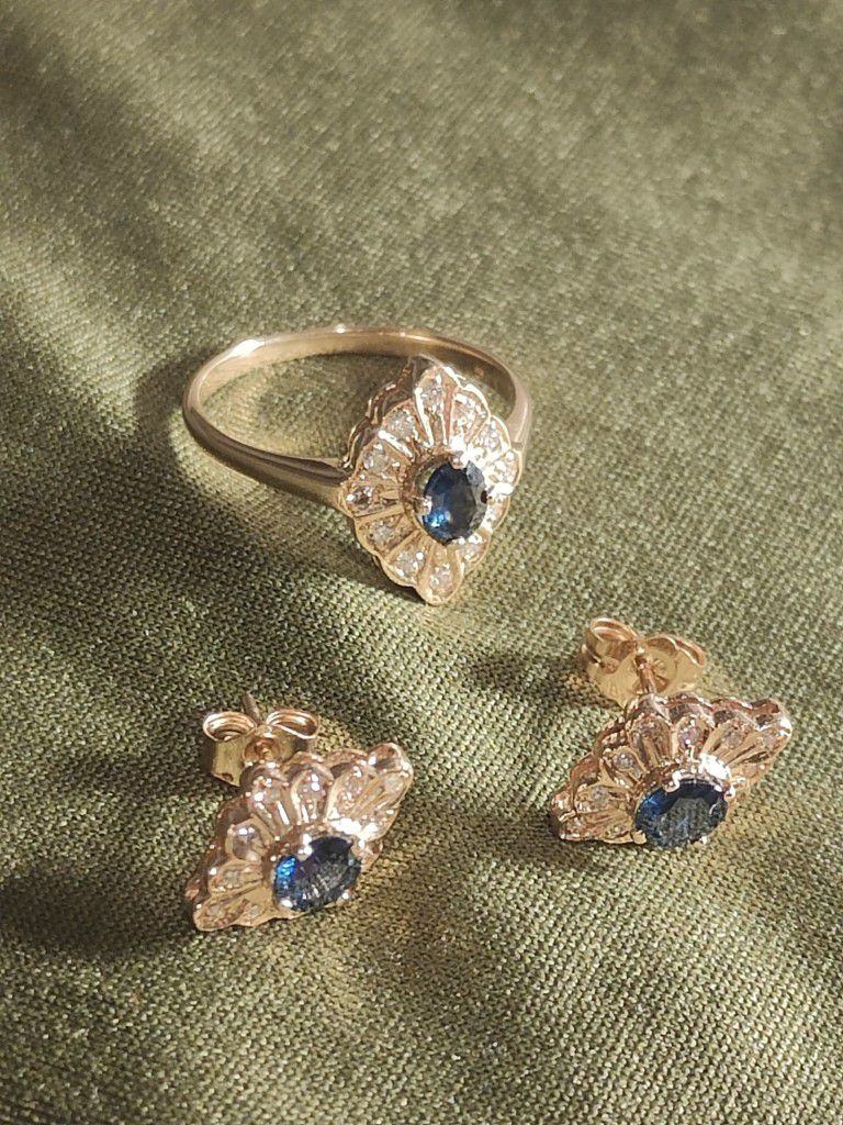 14k Gold. Diamond. Sapphire Women's ppc  Ring And Earrings Set 