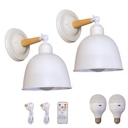 Set of 2 Modern Wall Sconce Light Fixtures - Battery Operated  Rechargeable White Metal sconces with Wood Arm, with Remote Control