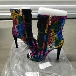 Bright Multicolor & Black Tassel/Fringe Open Toe Ankle Boot Heels, Size 5