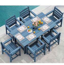 SERWALL 7-Piece Patio Dining Table Sets, Outdoor HDPE Dining Furniture Set with Umbrella Hole Cut-Out Table and 6 Chairs, Blue brand new in box $499 C