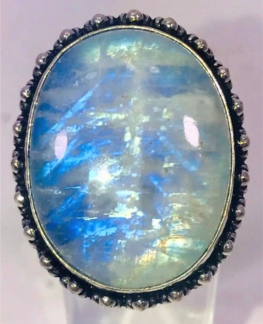 Beautiful Blue Rainbow Moonstone Large Oval Stone & .925 Stamped Stwrling Silver Ring Size 7 NEW! 