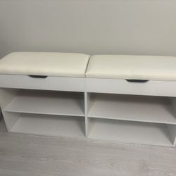 WHITE BENCH WITH SHELVES AND STORAGE